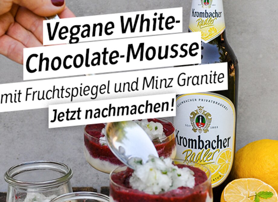 Veganes white chocolate Mousse mit Krombacher Radler.