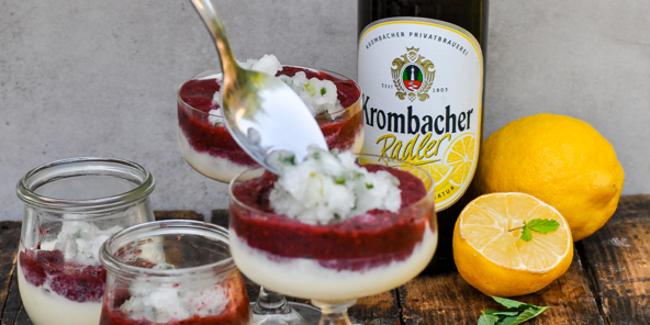 Veganes white chocolate Mousse mit Krombacher Radler.