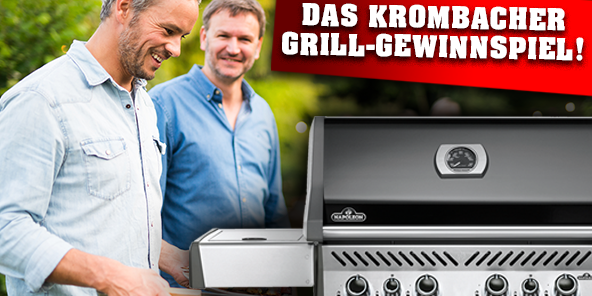 Zwei Männer stehen neben einem Grill. Über dem Grill steht der Text 'DAS KROMBACHER GRILL-GEWINNSPIEL!'. 