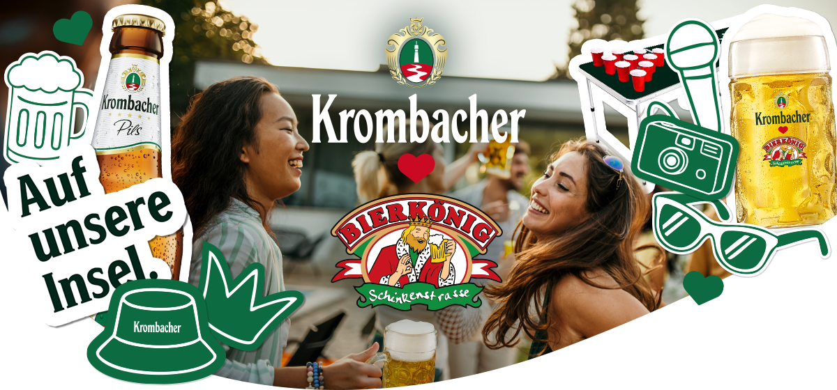 Werbebild für Krombacher Bier mit zwei Personen, die bei einer Feier im Freien anstoßen, umgeben von Grafiken wie Biergläsern, Flaschen und dem Slogan "Auf unsere Insel".