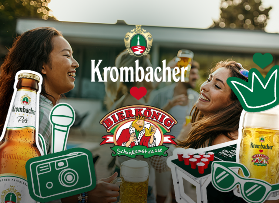 Werbebild für Krombacher Bier mit zwei Personen, die bei einer Feier im Freien anstoßen, umgeben von Grafiken wie Biergläsern, Flaschen und dem Slogan "Auf unsere Insel".
