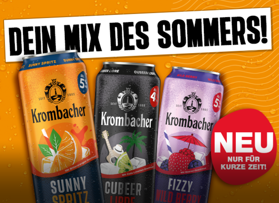 Drei Krombacher Getränkedosen mit verschiedenen Sommergetränken (Sunny Spritz, Cubeer Libre und Fizzy Wild Berry) auf orangefarbenem Hintergrund mit dem Slogan "DEIN MIX DES SOMMERS!".