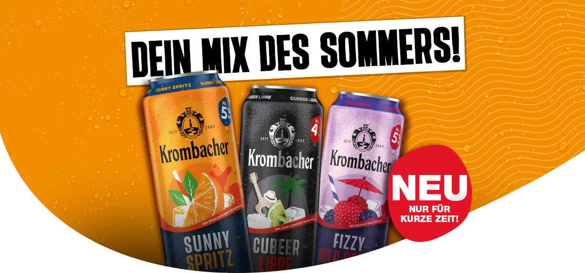 Drei Krombacher Getränkedosen mit verschiedenen Sommergetränken (Sunny Spritz, Cubeer Libre und Fizzy Wild Berry) auf orangefarbenem Hintergrund mit dem Slogan "DEIN MIX DES SOMMERS!".