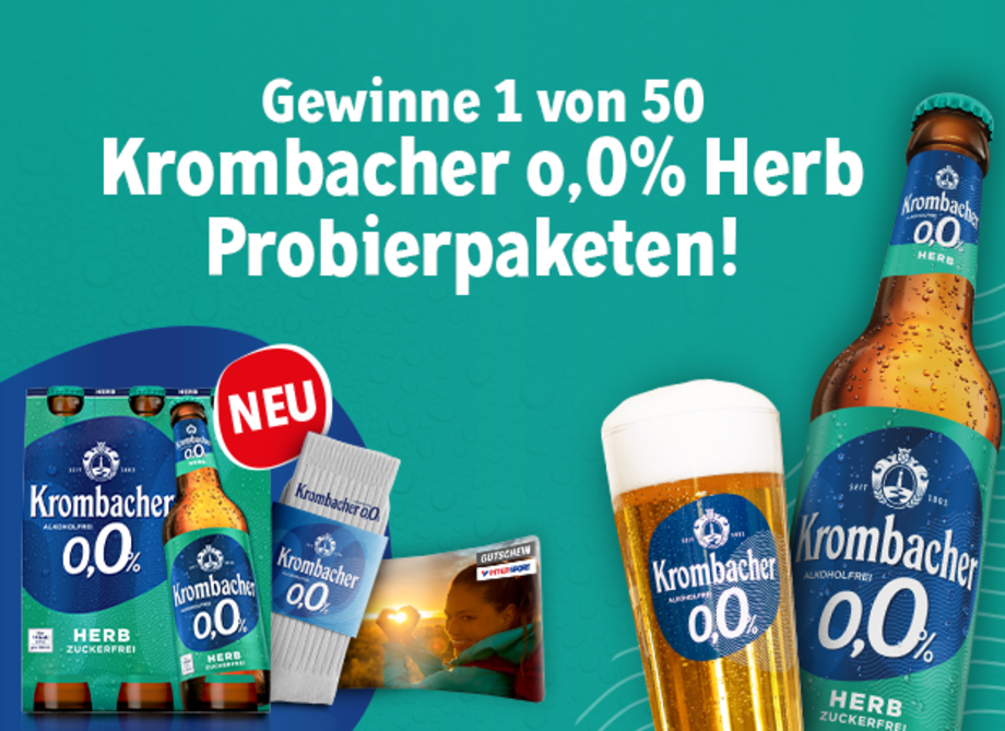 Werbebild für Krombacher 0,0% Herb alkoholfreies Bier mit einem Sixpack, einem gefüllten Bierglas, einem Bierdeckel und einem Intersport-Gutschein auf blauem Hintergrund.