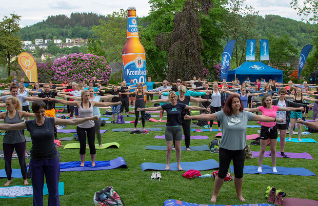 Große Gruppe von Menschen praktizieren Yoga auf einer großen Wiese. 
