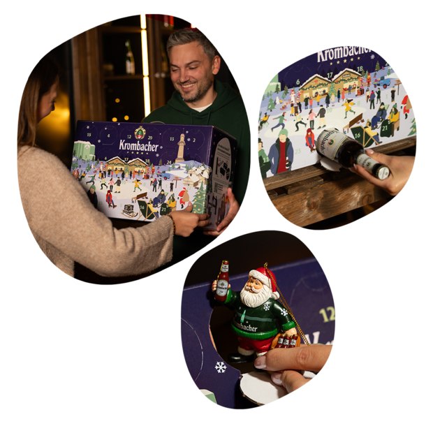 Drei runde Ausschnitte zeigen: Eine Person übergibt einen Krombacher Adventskalender, eine Hand zieht eine Bierflasche aus dem Kalender, eine Hand hält eine Weihnachtsmannfigur mit Krombacher-Flasche.