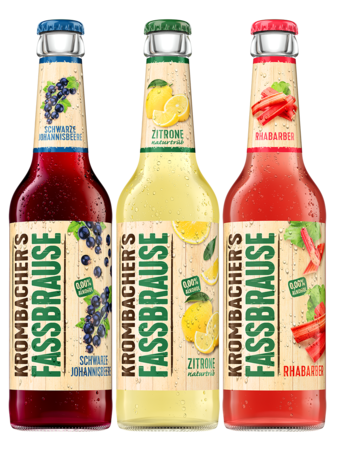 Krombacher's Fassbrause 0,33l Flaschen von Schwarze Johannisbeere, Zitrone naturtrüb, Rhabarber.