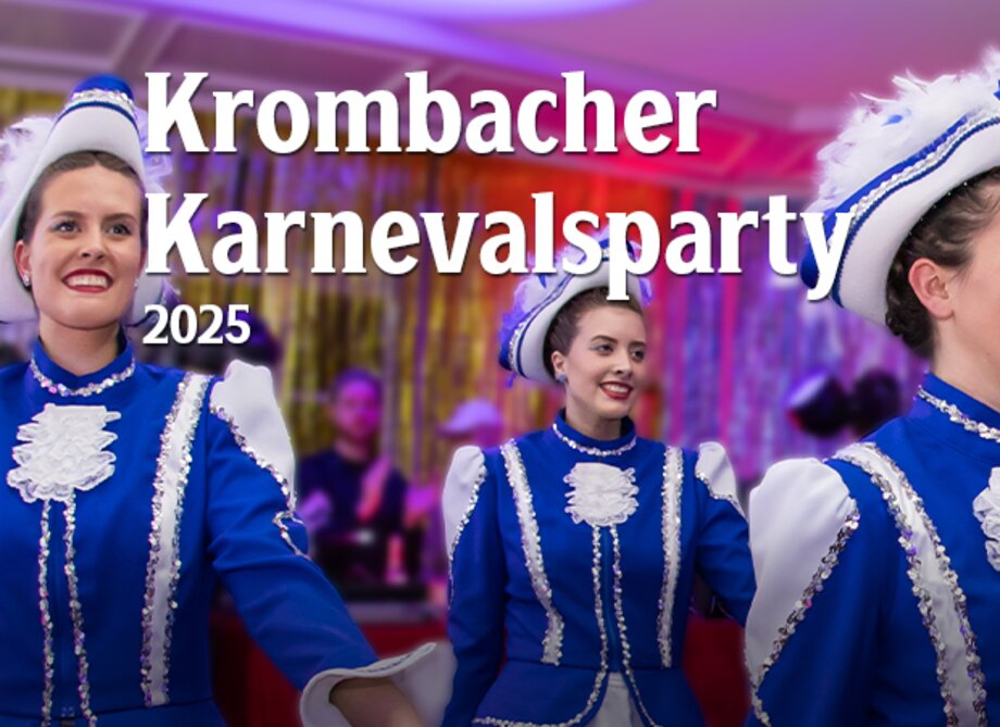 Gruppe von Gardemädchen die in der Erlebniswelt tanzen. Headline: Krombacher Karnevalsparty 2025