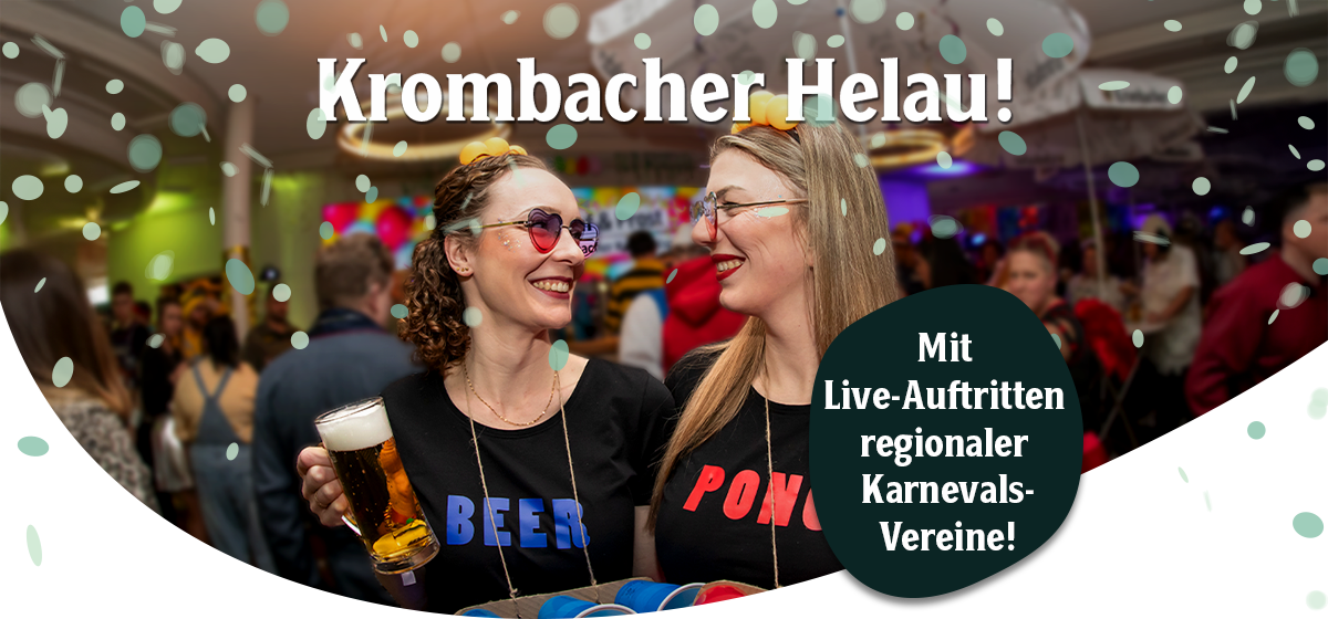 Zwei Frauen in Karnevalskostümen, eine mit blauem "BEER"-Shirt hält ein Bierglas, die andere trägt ein schwarzes "PONG"-Shirt, bunte Partydekoration im Hintergrund.