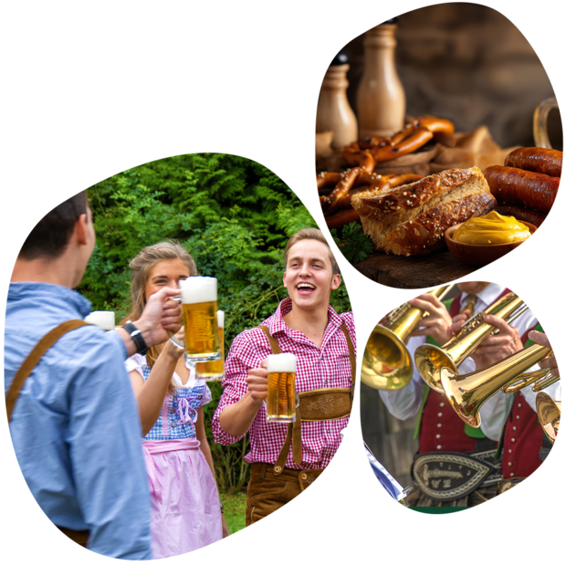 Personen in traditioneller bayerischer Tracht stoßen mit Biergläsern an; Brezeln, Würstchen und Senf auf Holzbrett; Blasmusiker spielen Trompeten