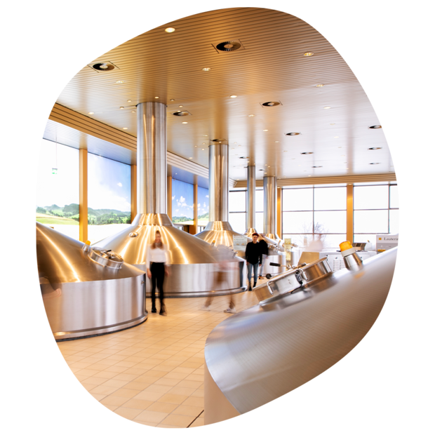 Innenansicht einer Brauerei mit großen kupferfarbenen Sudkesseln und Personen, die sich im Sudhaus bewegen.