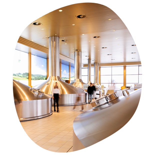 Innenansicht einer Brauerei mit großen kupferfarbenen Sudkesseln und Personen, die sich im Sudhaus bewegen.