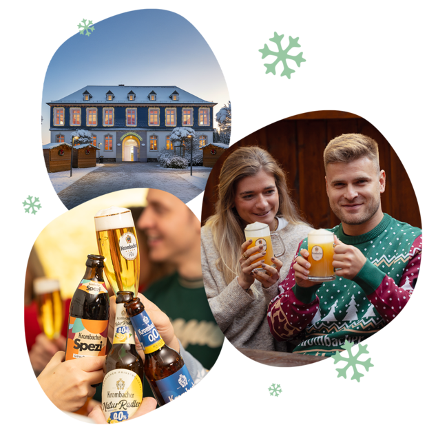 Winterliche Außenansicht eines historischen Gebäudes mit beleuchteten Fenstern und Schnee auf dem Boden und Dach; mehrere Hände stoßen mit verschiedenen Bierflaschen und -gläsern an; zwei Personen in Weihnachts-Pullovern halten Biergläser in einer Holzhütte.