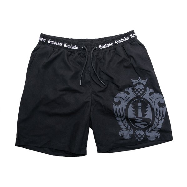 Schwarze Badehose mit Krombacher-Logo am linken Bein und Krombacher-Schriftzug am elastischen Bund.