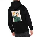 Schwarzer Hoodie mit großem Aufdruck einer Person in grünem Uniformjacke, die ein Bierglas mit Krombacher-Logo hochhält.