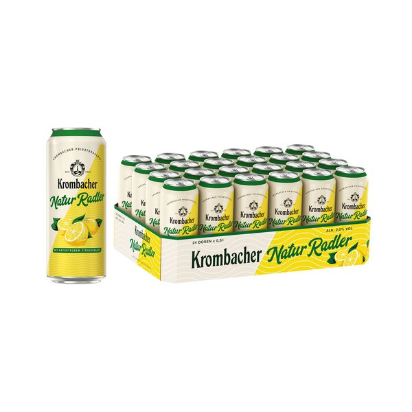 Krombacher NaturRadler Zitronengeschmack in 0,5-Liter-Dosen im 24er-Pack.