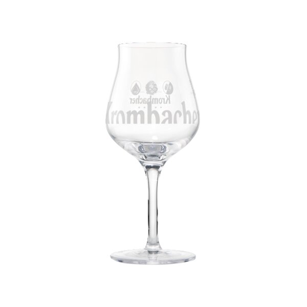Transparentes Sommelier Glas mit weitem Bauch und verjüngtem Glasrand im Krombacher Design.