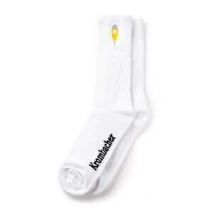 Weiße Krombacher Socken mit schwarzem Schriftzug 'Krombacher' und kleinem Bierglas-Symbol am Schaft.