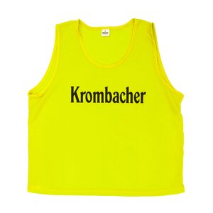Gelbes Markierungshemd mit schwarzem Schriftzug 'Krombacher'.