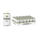 Krombacher Pils 0,33l Dose von beiden Seiten, vorder- und Rückseite sichtbar. Daneben ein 24er Tray.