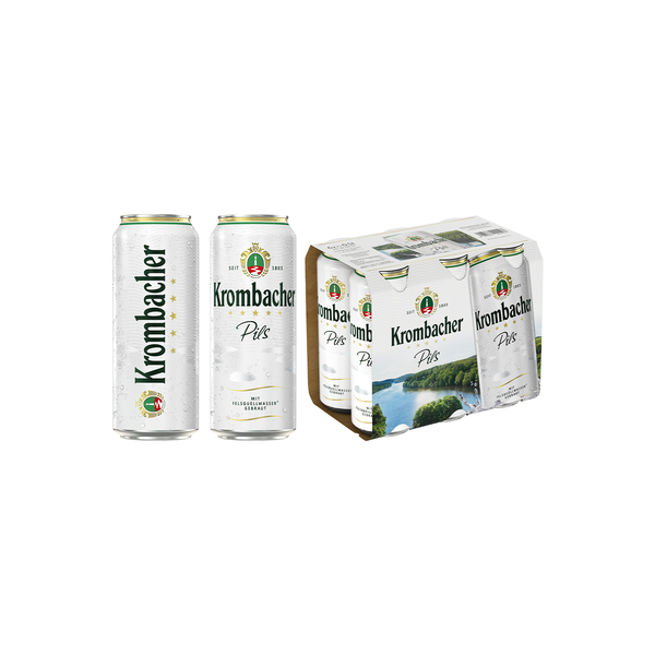 Krombacher Pils Bier in 0,5-Liter-Dosen und eine 6er-Packung mit weißem Etikett und grünem Logo.