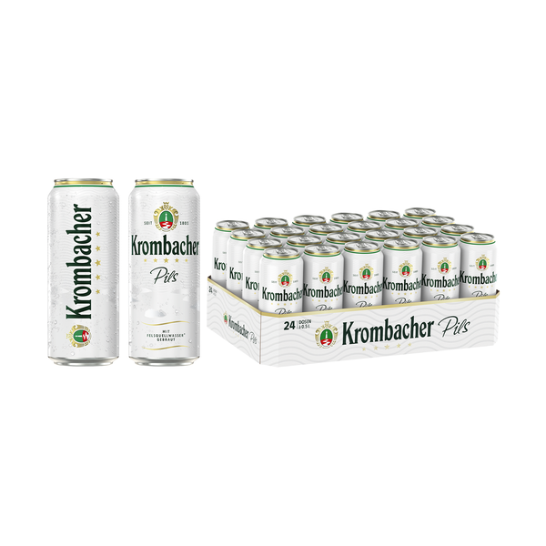 Krombacher Pils 0,5l Dose von beiden Seiten, vorder- und Rückseite sichtbar. Daneben ein 24er Tray.