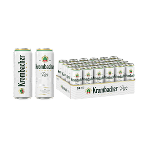 Krombacher Pils 0,5l Dose von beiden Seiten, vorder- und Rückseite sichtbar. Daneben ein 24er Tray.