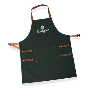 Dunkelgrüne Grillschürze mit braunen Riemen und weißem Krombacher-Logo auf der Brust