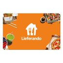 Lieferando Logo mit Besteck-Symbol auf orangefarbenem Hintergrund, umgeben von verschiedenen Gerichten wie Pizza, Salat, grüner Smoothie und asiatischem Essen