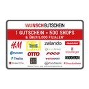 Wunschgutschein gültig in 500 Shops und über 5.000 Filialen, darunter H&M, IKEA, Zalando, MediaMarkt, Conrad, OTTO, POCO, Breuninger, Thalia, Intersport, Douglas, Shop Apotheke