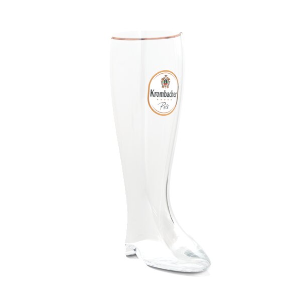 Krombacher Pils Glas in Form eines Stiefels mit goldfarbenem Rand und Logo.