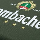 Grünes Stoffkissen mit dem weißen Schriftzug 'Krombacher' und einem Wappen.