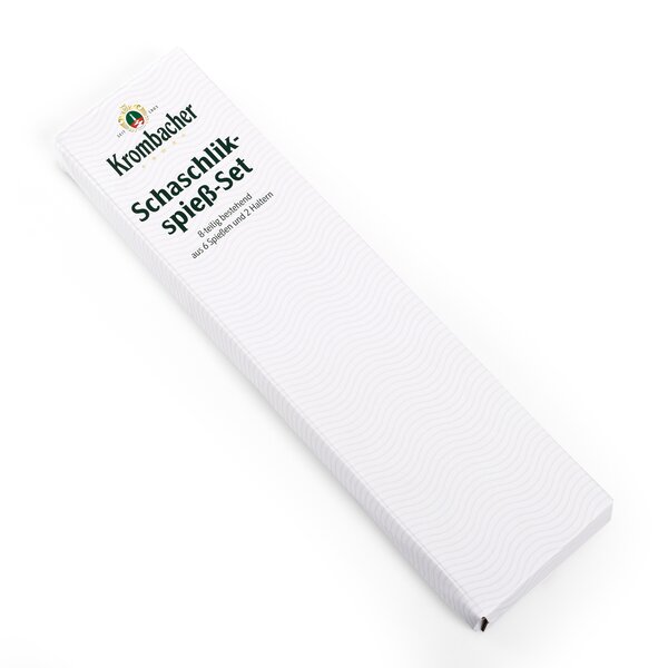 Verpackung des Krombacher Schaschlikspieß-Sets mit Aufschrift und Logo, länglich und weiß mit feinem Wellenmuster.