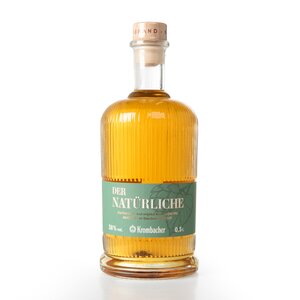 Flasche Krombacher Bierbrand mit grünem Etikett, 0,5 Liter, 38 % Vol., mit Korkverschluss und geriffeltem Glas.