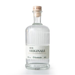 Glasflasche mit Korkverschluss, beschriftet mit 'DER ORIGINALE', 38 % vol., 0,5 l, Krombacher Bierbrand.
