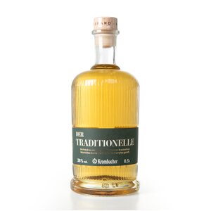 Flasche Krombacher Bierbrand 'Der Traditionelle' mit goldgelbem Inhalt, grünem Etikett und Korkverschluss, 0,5 Liter, 38% vol.