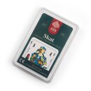 Skat-Spielkartenset in Kunststoffbox mit Aufdruck 'ASS Altenburger', 'Skat Original Deutsches Bild' und Bild einer Spielkarte mit Dame in historischer Kleidung