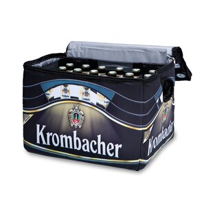 Krombacher Bierkastenkühltasche mit geöffnetem Deckel, gefüllt mit Bierflaschen