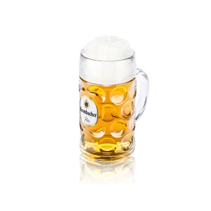 1-Liter-Krug mit Krombacher Pils Bier, bauchig mit runden Vertiefungen und Henkel.