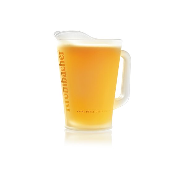 Satinierter Glas-Pitcher mit Krombacher-Logo und Gravur 'Eine Perle der Natur'.