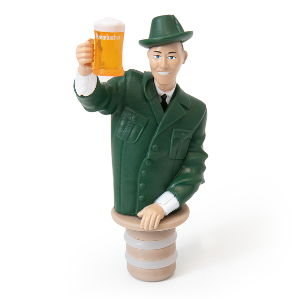 Flaschenverschluss in Form eines Försters mit grünem Hut und Jacke, der ein Bierglas mit 'Krombacher' Schriftzug hält.