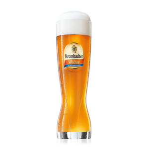Hohes Krombacher Weizenglas Alkoholfrei mit Logo, in geschwungener Form.